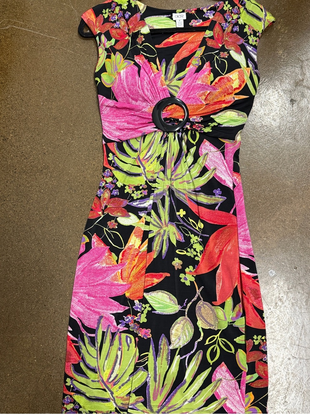 Cache Black Tropical Floral Midi Dress with Ring Detail
